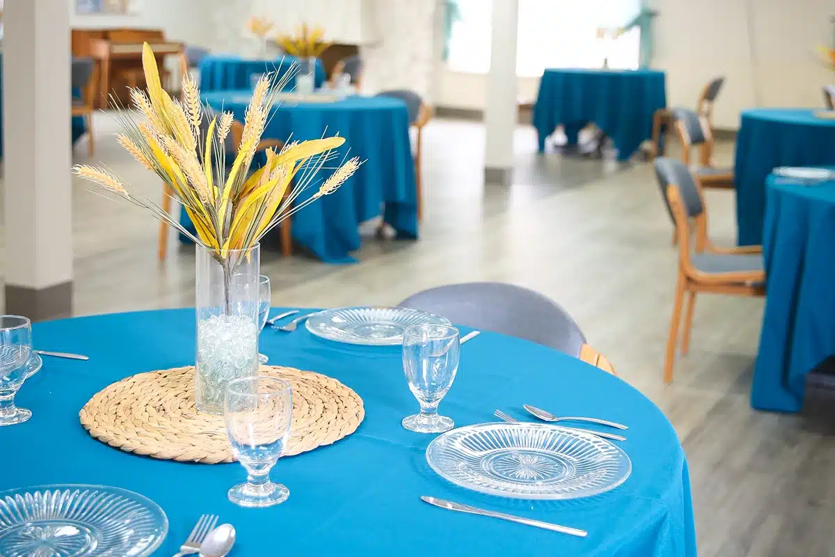 tables set in the dining hall at Hanford Post Acute