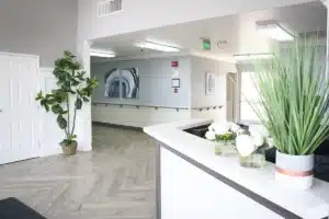 The front reception desk and front lobby at Hanford Post Acute