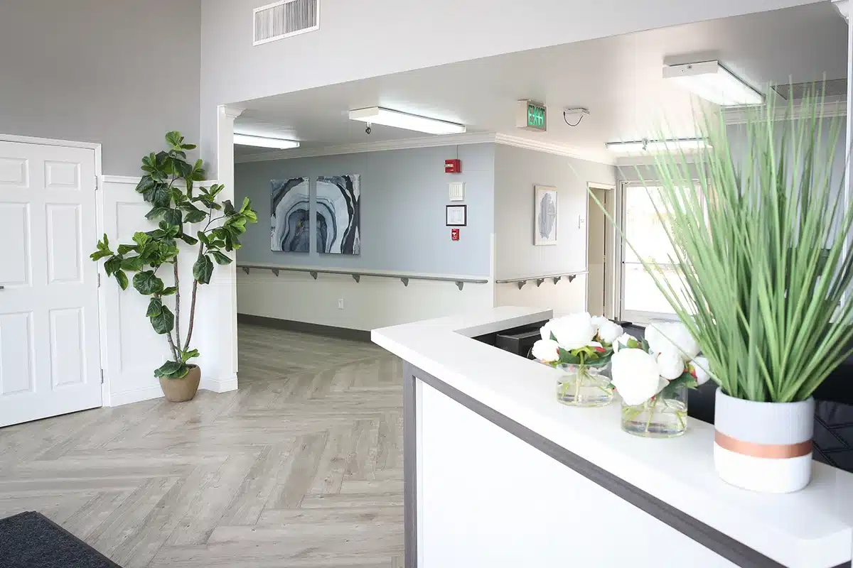 The front reception desk and front lobby at Hanford Post Acute