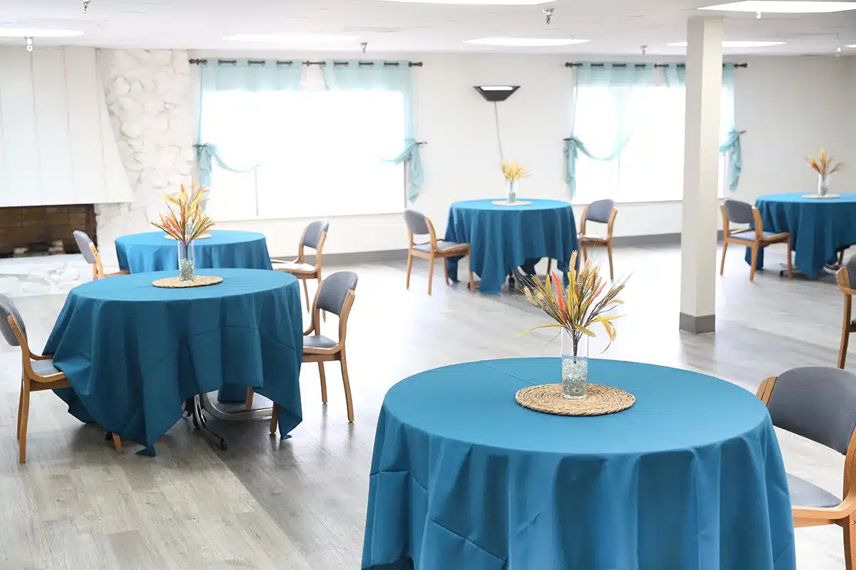 set of tables in the dining hall at Hanford Post Acute